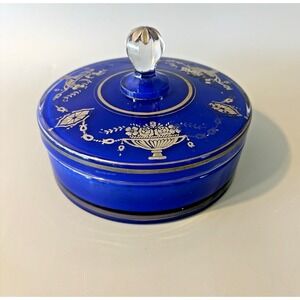 RARE Antique Cobalt Blue Round Glass Box Lidded Silver Accents 1930s Powder Puff